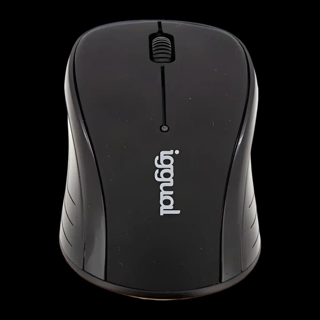 Souris iggual WOM Basic 1600 DPI Noir Sans Fil, vue de dessus: molette centrale, logo iggual et corps noir lisse