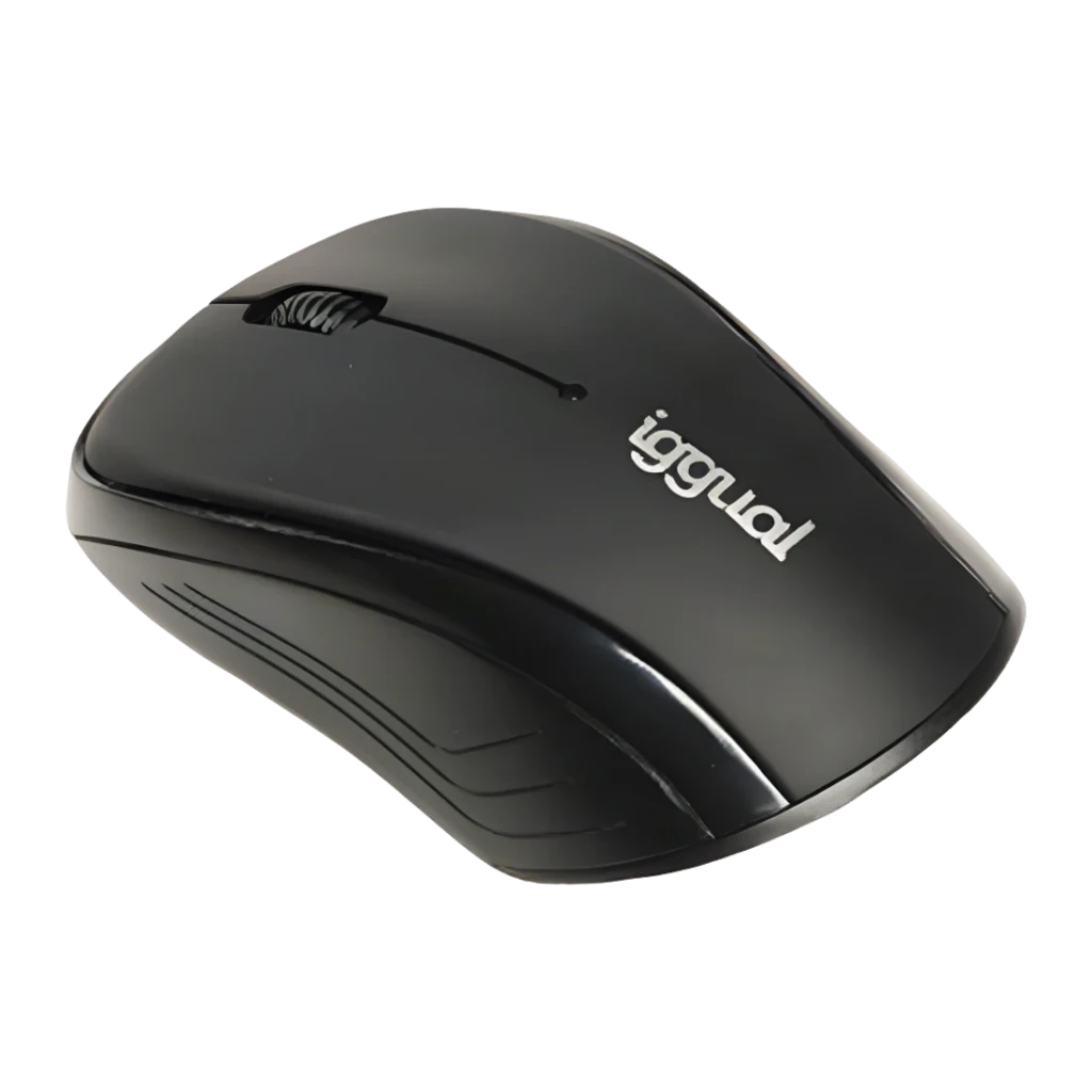 Souris iggual WOM Basic 1600 DPI Noir Sans Fil, vue latérale: logo iggual, molette de défilement et lignes décoratives
