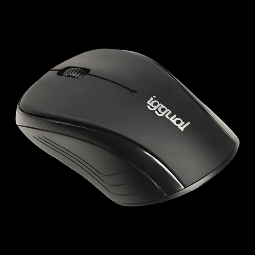 Souris iggual WOM Basic 1600 DPI Noir Sans Fil, vue latérale: logo iggual, molette de défilement et lignes décoratives