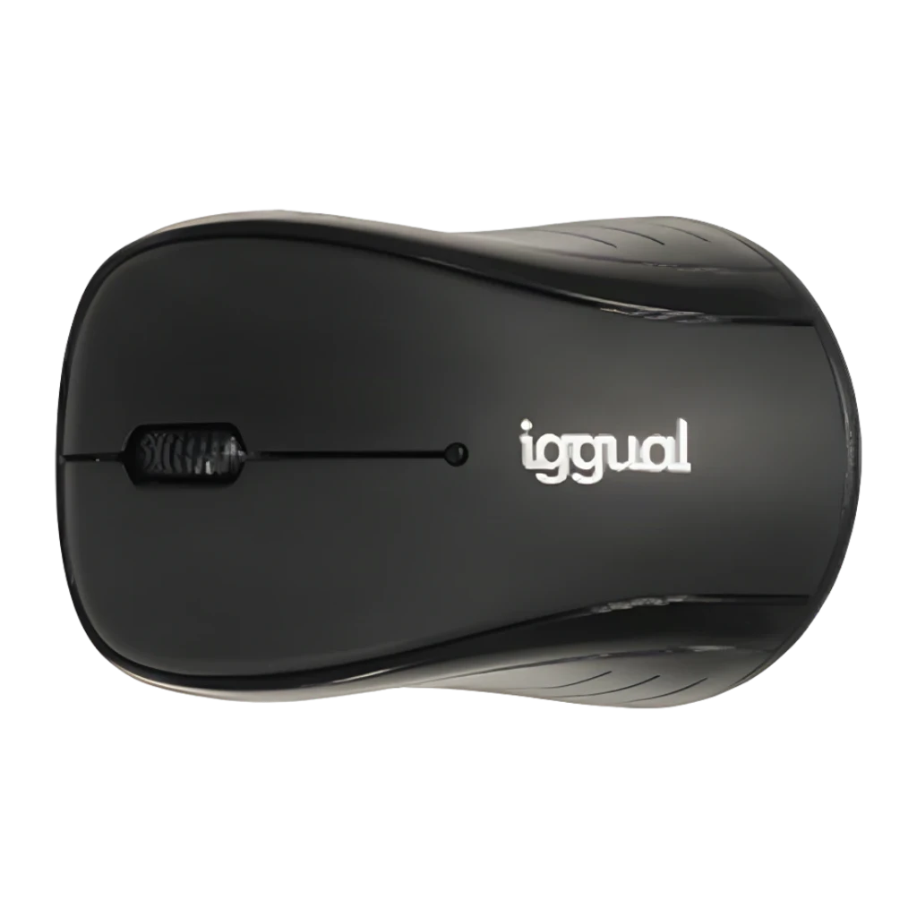 Souris iggual WOM Basic 1600 DPI Noir Sans Fil, vue de dessus: molette centrale et logo iggual sur coque brillante