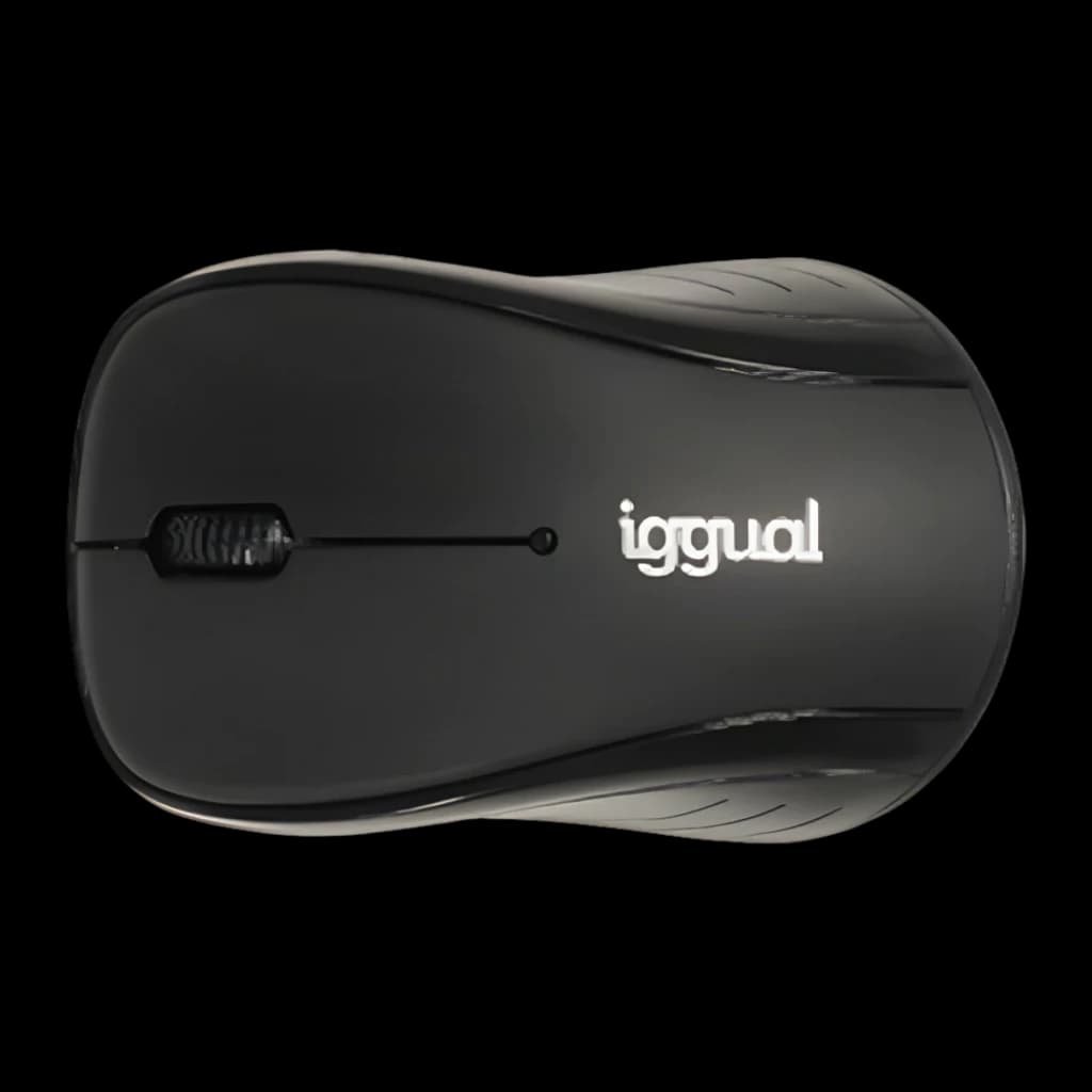 Souris iggual WOM Basic 1600 DPI Noir Sans Fil, vue de dessus: molette centrale et logo iggual sur coque brillante