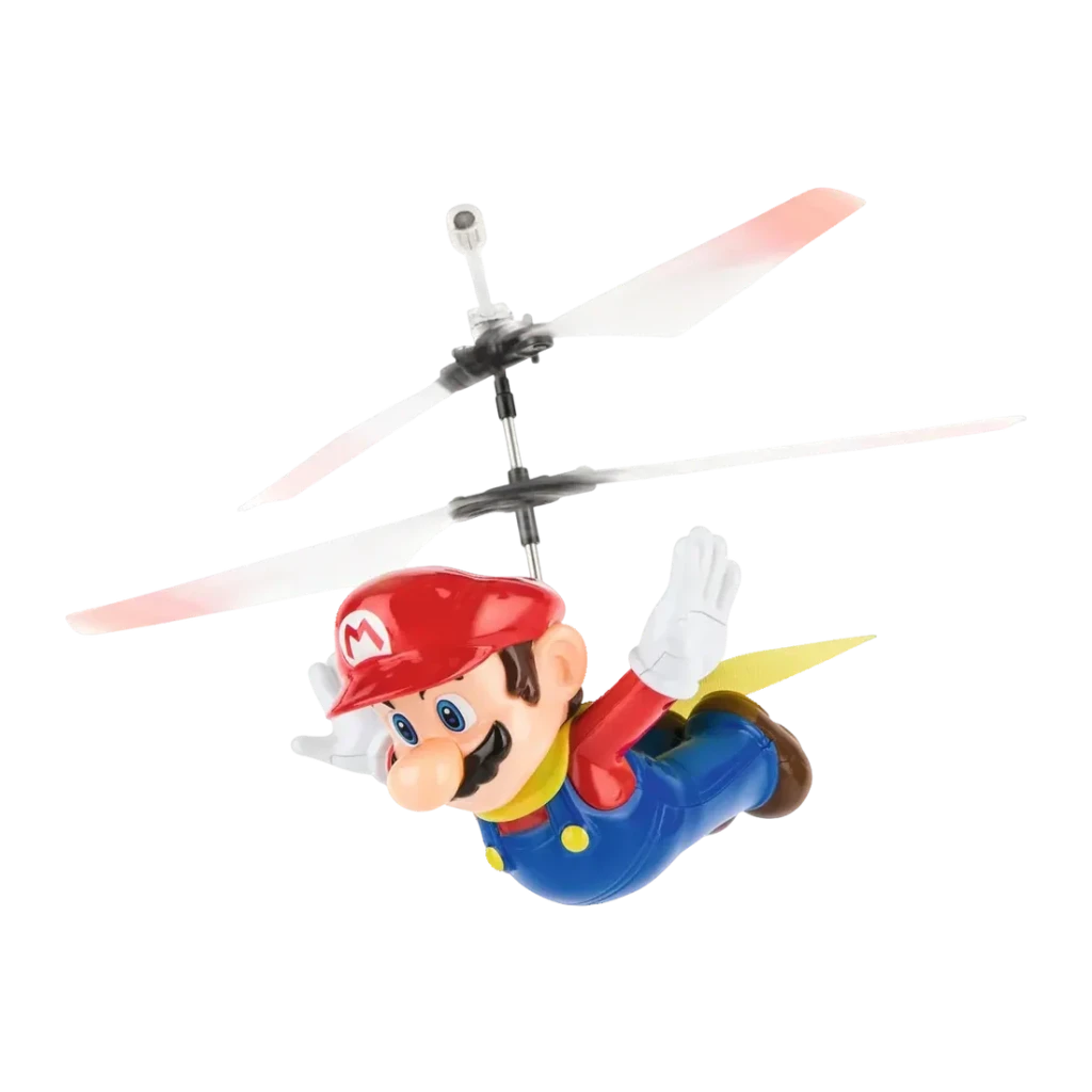 Helicóptero RC Carrera Super Mario Flying Cape 2.4 GHz Rojo/Amarillo 5min Li-Po, vista lateral: figura Mario con capa