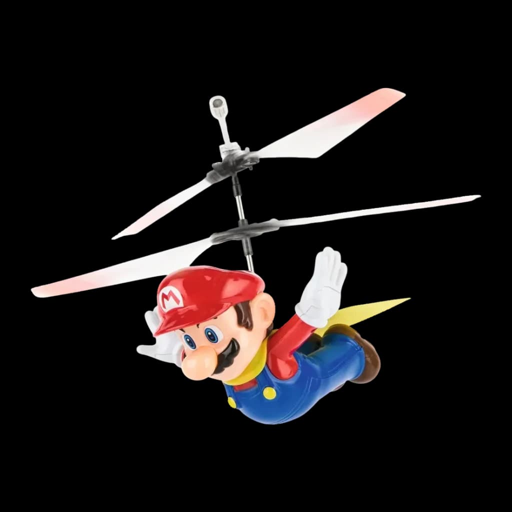 Helicóptero RC Carrera Super Mario Flying Cape 2.4 GHz Rojo/Amarillo 5min Li-Po, vista lateral: figura Mario con capa