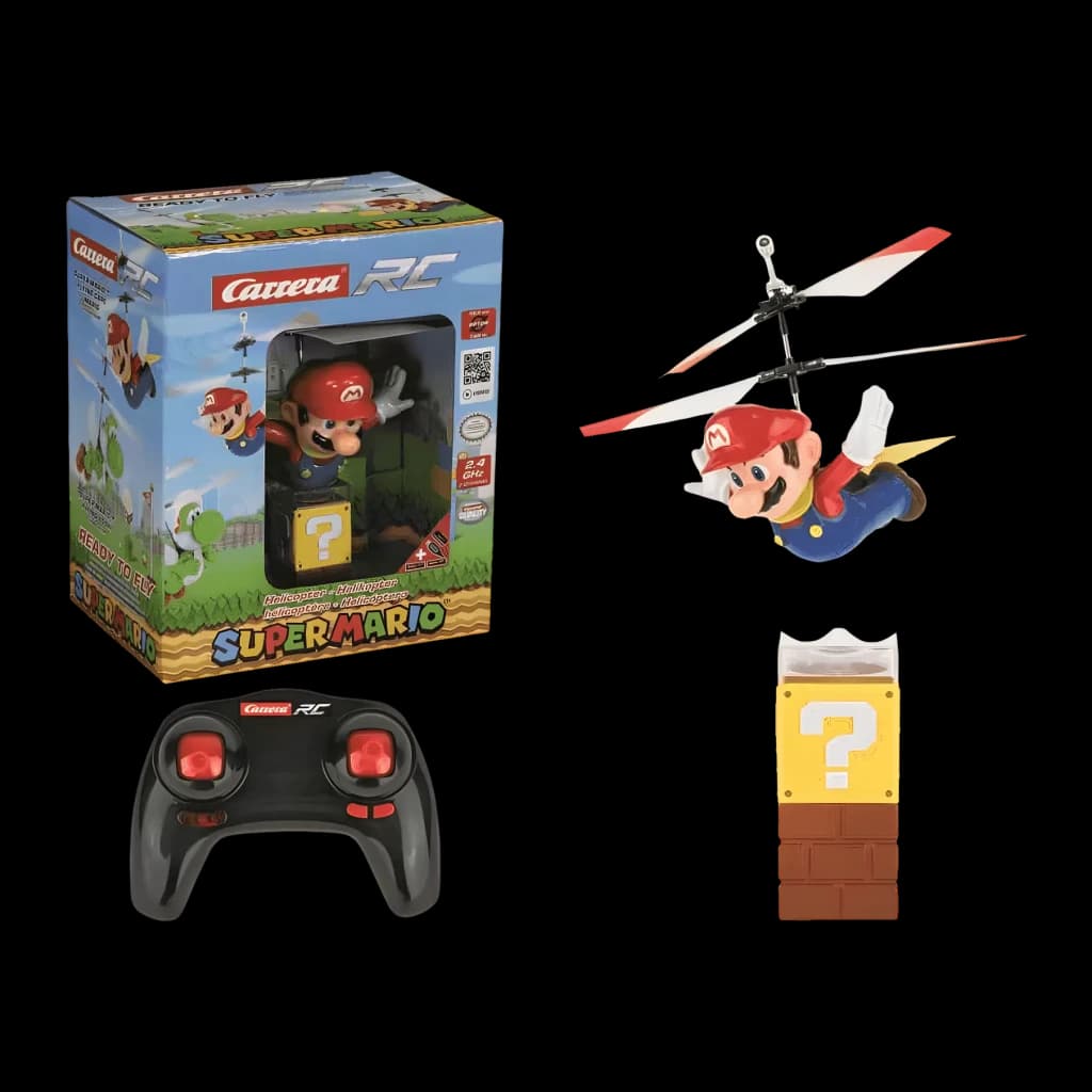 Helicóptero RC Carrera Super Mario Flying Cape 2.4 GHz Rojo/Amarillo 5min Li-Po, contenido: helicóptero volando, mando negro