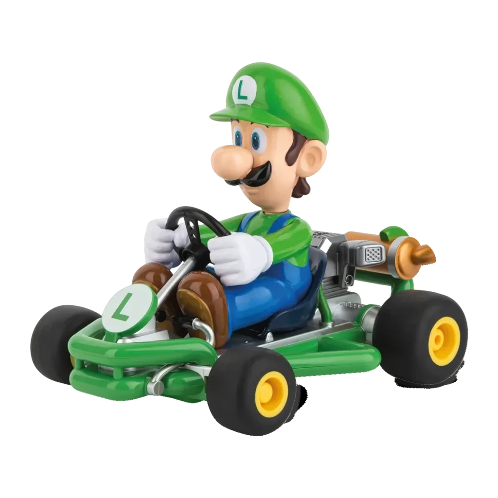 Carrera RC Mario Kart Pipe 2.4GHz 320mAh Verde 9km/h, vista frontal 3/4: figura Luigi al volante, kart verde con ruedas