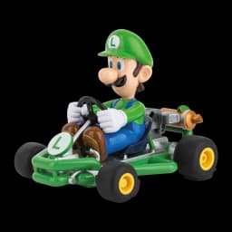 Carrera RC Mario Kart Pipe 2.4GHz 320mAh Verde 9km/h, vista frontal 3/4: figura Luigi al volante, kart verde con ruedas