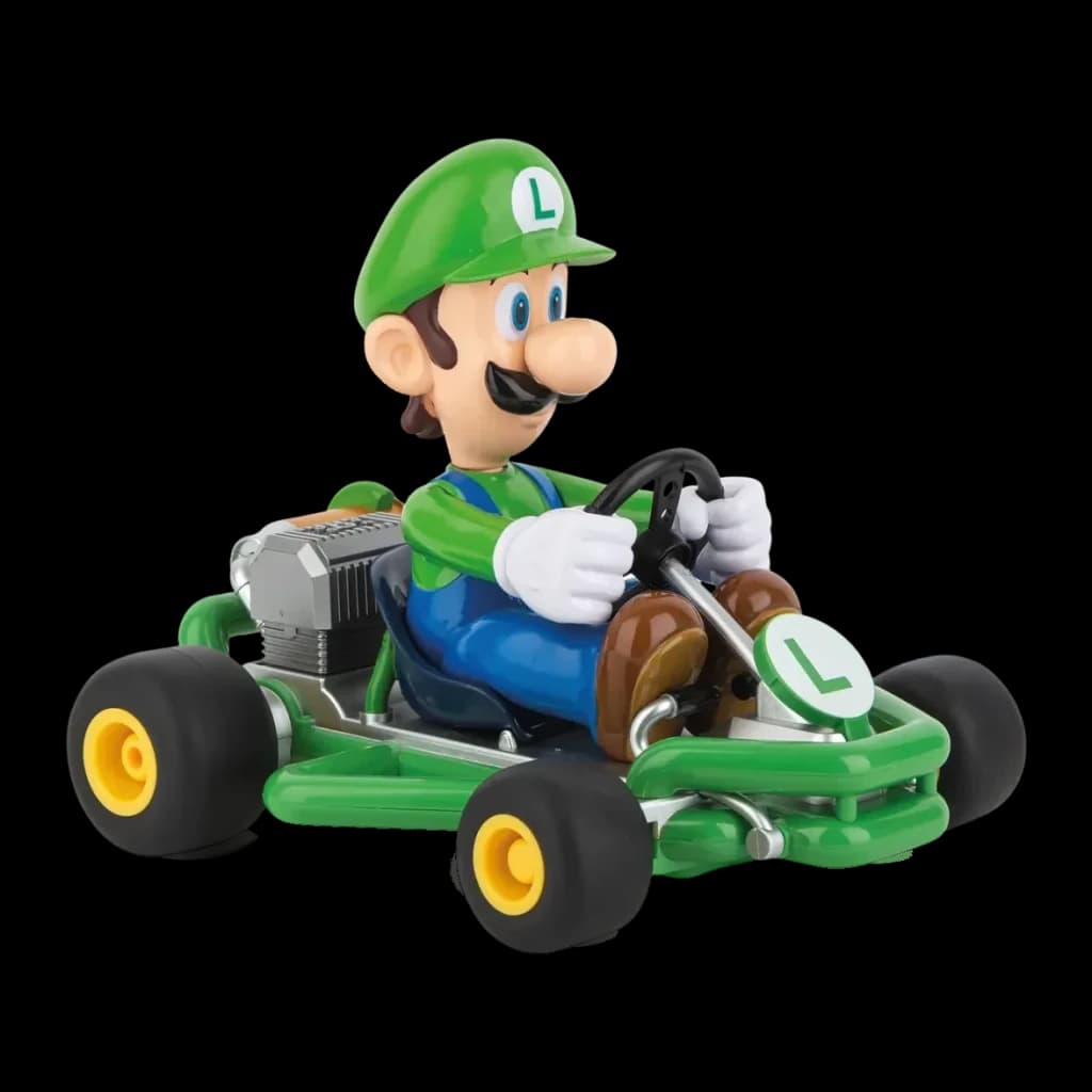 Carrera RC Mario Kart Pipe 2.4GHz 320mAh Verde 9km/h, vista frontal 3/4: figura de Luigi al volante del kart verde