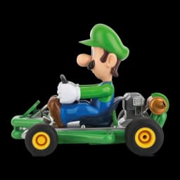 Carrera RC Mario Kart Pipe 2.4GHz 320mAh Verde 9km/h, lateral: figura de Luigi al volante con ruedas amarillas y motor