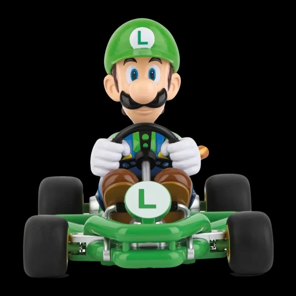 Carrera RC Mario Kart Pipe 2.4GHz 320mAh Verde 9km/h, vista frontal: figura de Luigi con gorra verde conduciendo kart verde