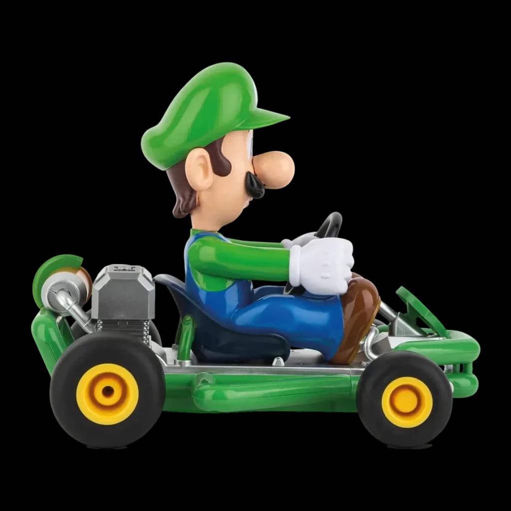 Carrera RC Mario Kart Pipe 2.4GHz 320mAh Verde 9km/h, vista lateral: figura de Luigi al volante con ruedas amarillas