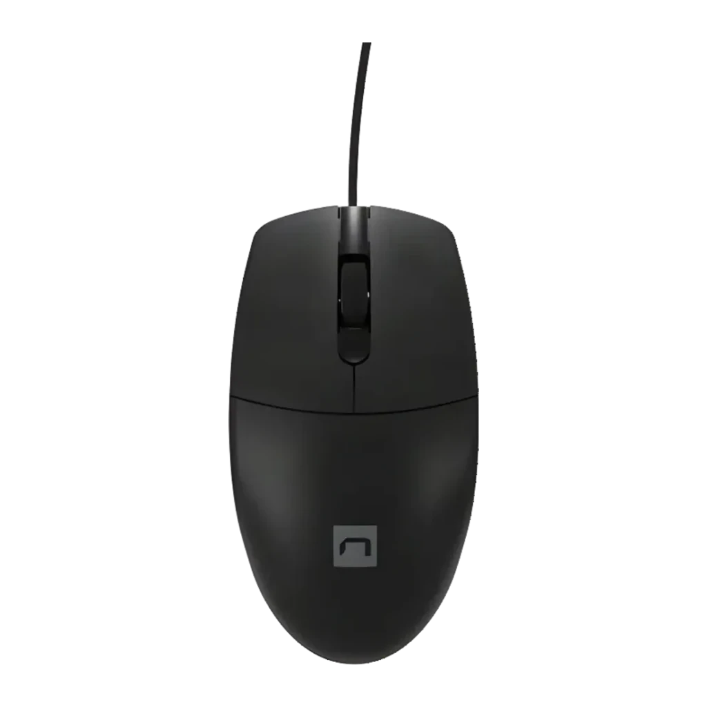 Souris Natec Ruff Plus Noir Filaire USB Ergonomique Droitiers, vue du dessus: molette centrale, logo Natec et câble sortant