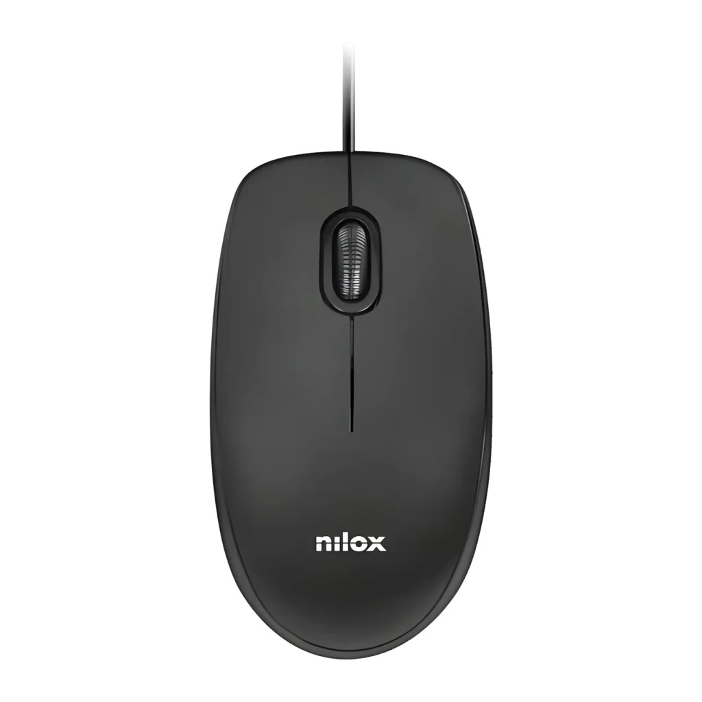 Ratón Nilox Negro MOUSB1003, vista superior: rueda central, logo Nilox y cable USB visibles