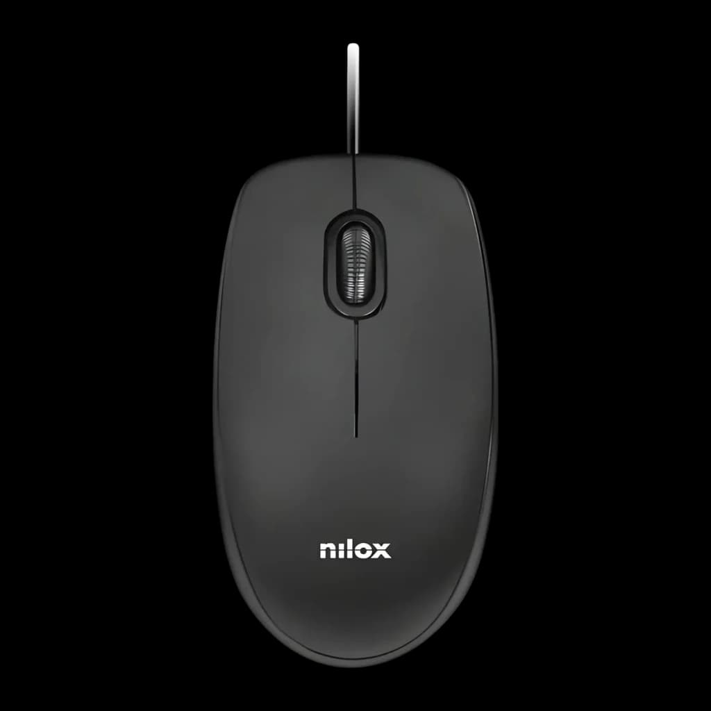 Ratón Nilox Negro MOUSB1003, vista superior: rueda central, logo Nilox y cable USB visibles
