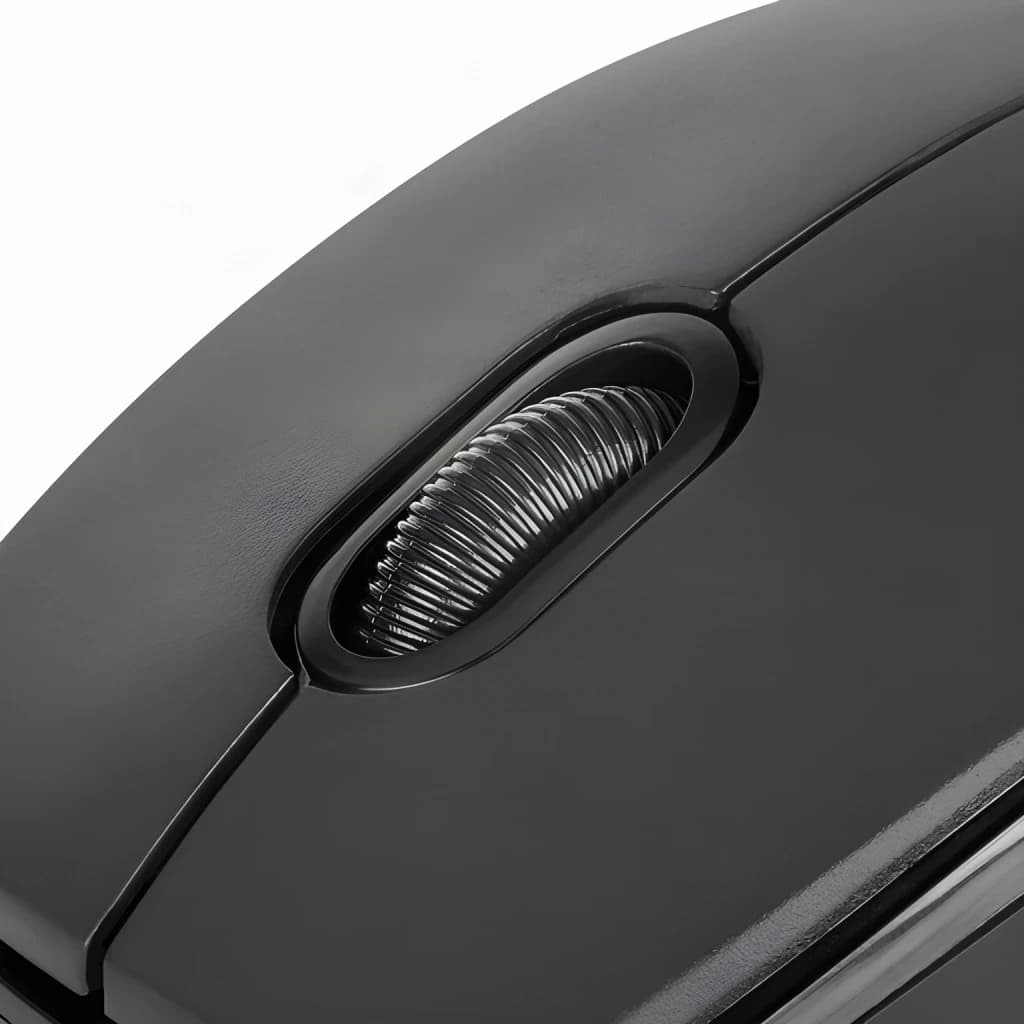 Ratón Nilox Negro MOUSB1003, detalle: rueda de scroll estriada negra y superficie mate superior