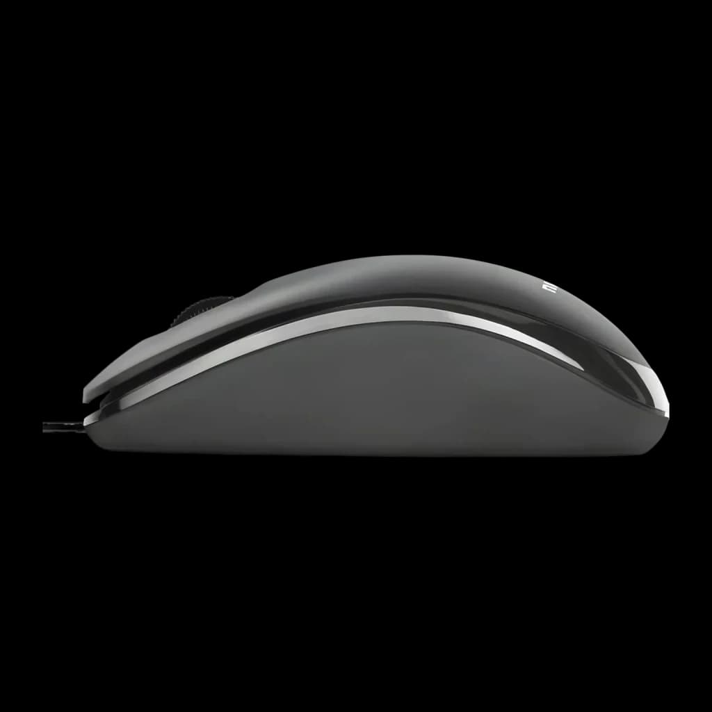 Ratón Nilox Negro MOUSB1003, vista lateral: perfil ergonómico con franja plateada y cable USB visible