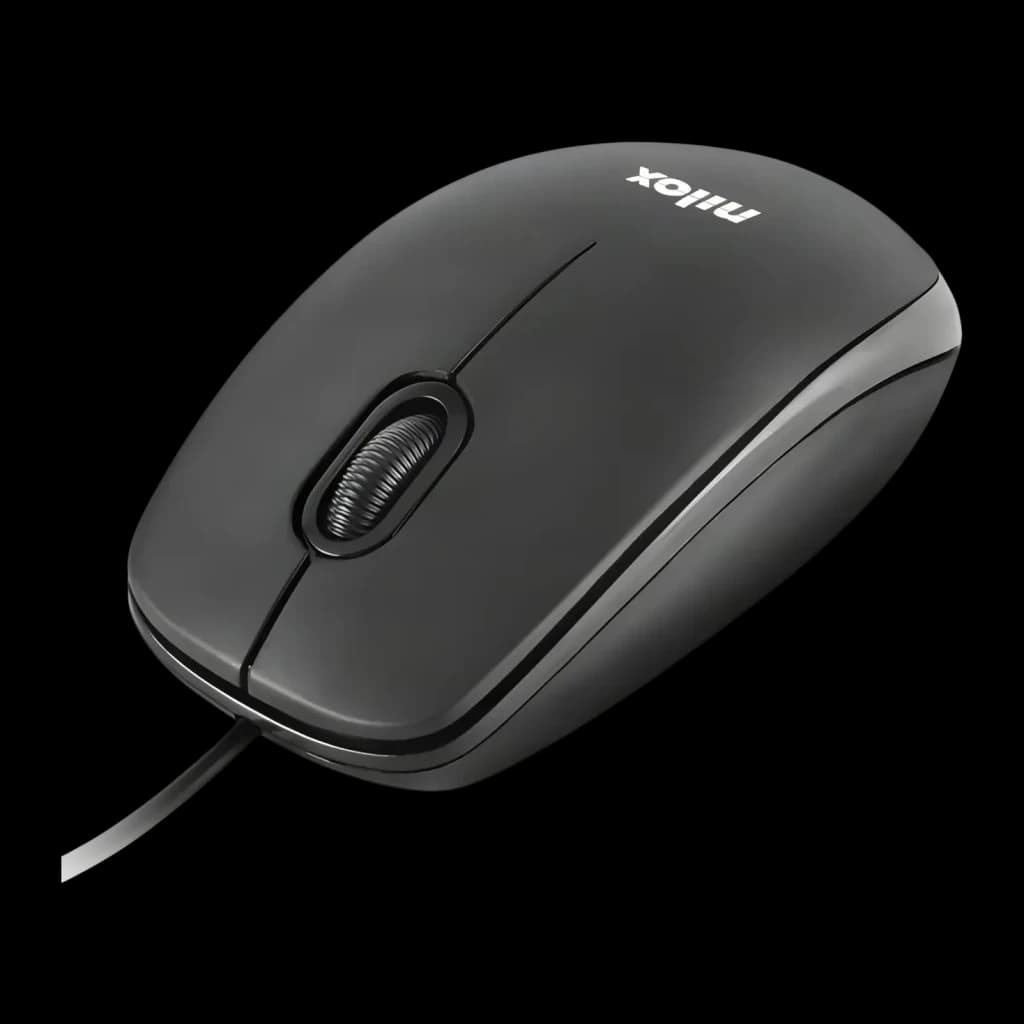 Ratón Nilox Negro MOUSB1003, vista en perspectiva: cuerpo gris oscuro, rueda central y cable USB visibles