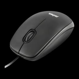 Ratón Nilox Negro MOUSB1003, vista en perspectiva: cuerpo gris oscuro, rueda central y cable USB visibles