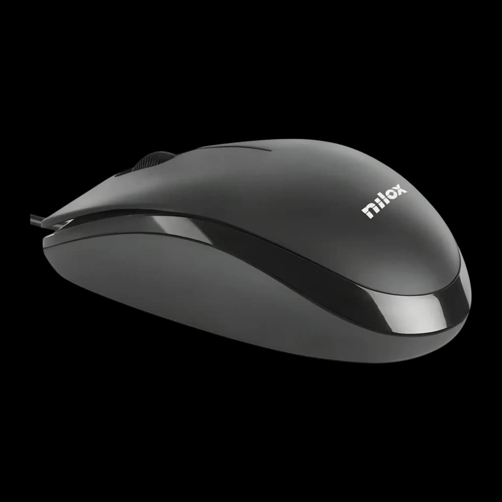 Ratón Nilox Negro MOUSB1003, vista lateral: perfil derecho con logo Nilox, banda brillante inferior y cable visible