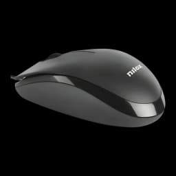 Ratón Nilox Negro MOUSB1003, vista lateral: perfil derecho con logo Nilox, banda brillante inferior y cable visible
