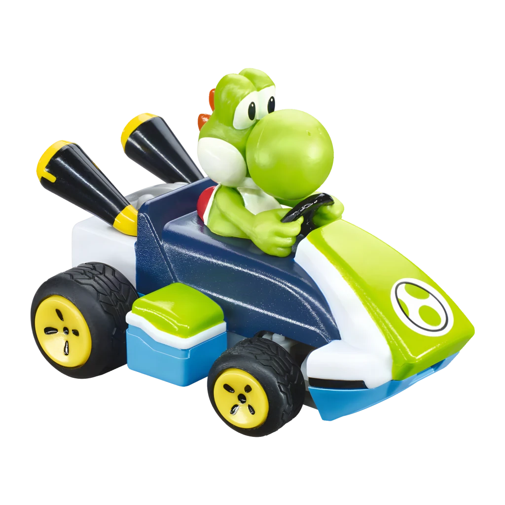 Coche Carrera Mario Kart Mini RC Yoshi 2.4GHz Verde 1:50 5km/h 15min, vista frontal 3/4: figura Yoshi al volante, kart azul