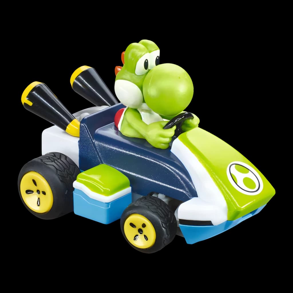 Voiture Carrera Mario Kart Mini RC Yoshi 2.4GHz Vert 1:50 5km/h 15min, vue 3/4 avant: figurine Yoshi au volant, kart bleu