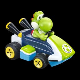 Voiture Carrera Mario Kart Mini RC Yoshi 2.4GHz Vert 1:50 5km/h 15min, vue 3/4 avant: figurine Yoshi au volant, kart bleu