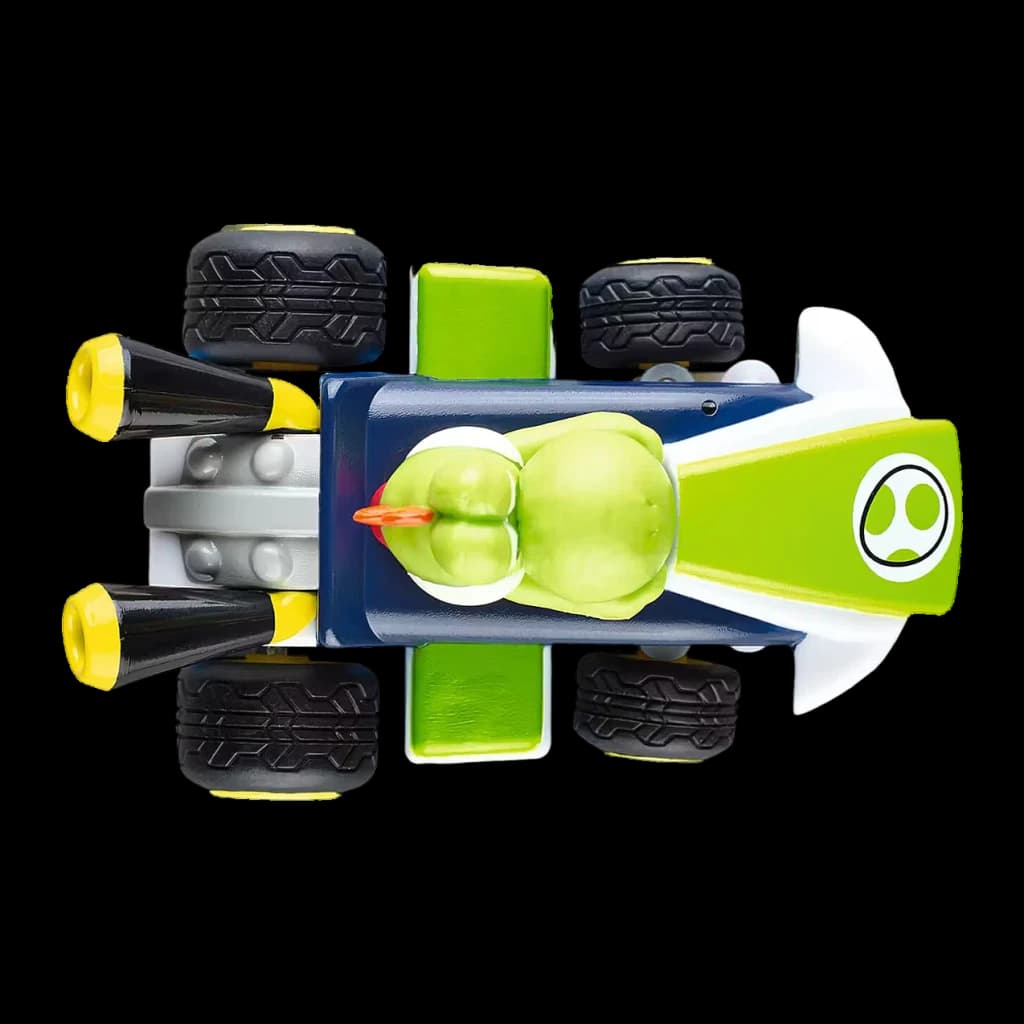Voiture Carrera Mario Kart Mini RC Yoshi 2.4GHz Vert 1:50 5km/h 15min, vue du dessus: roues, figurine Yoshi et logo