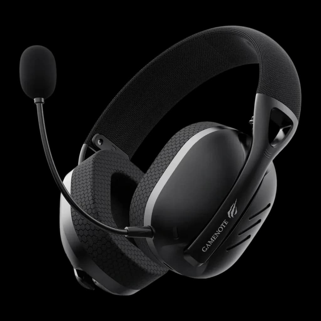 Auriculares Gaming Havit Fuxi H3 Inalámbrico Micrófono, vista lateral: micrófono flexible, almohadillas hexagonales y logo