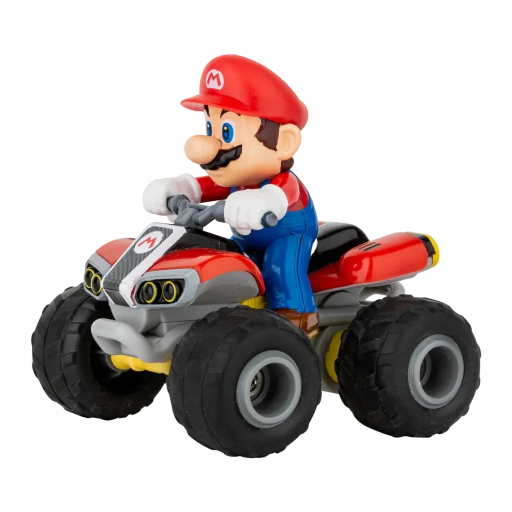Carrera Mario Kart Quad 1:40 2.4GHz Rouge 5km/h 8min, vue 3/4 avant: figurine Mario sur quad rouge avec grandes roues