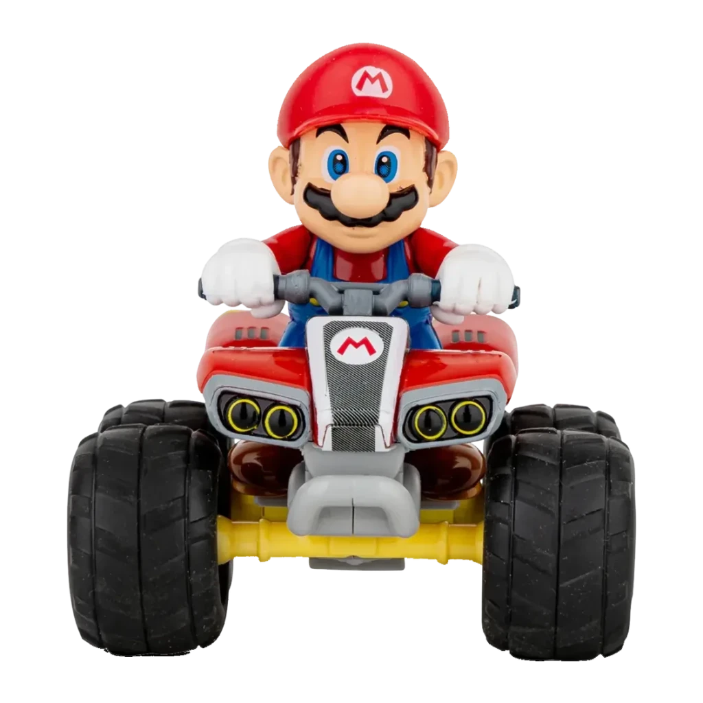 Carrera Mario Kart Quad 1:40 2.4GHz Rouge 5km/h 8min, vue avant: figurine Mario avec casquette rouge, guidon et larges roues