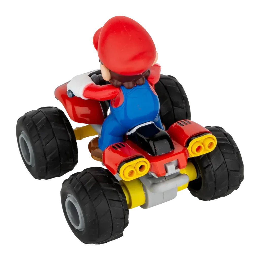 Carrera Mario Kart Quad 1:40 2.4GHz Rouge 5km/h 8min, vue arrière: figurine Mario, échappement jaune et grandes roues