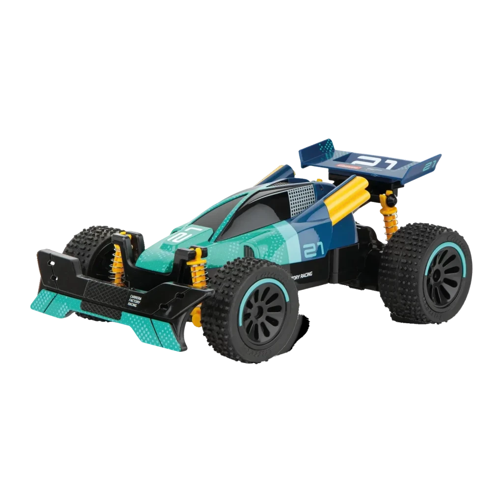 Buggy RC Carrera Factory Racing 2.4 GHz 1:20 12km/h 20min, vue 3/4 avant: carrosserie turquoise et bleue, aileron arrière