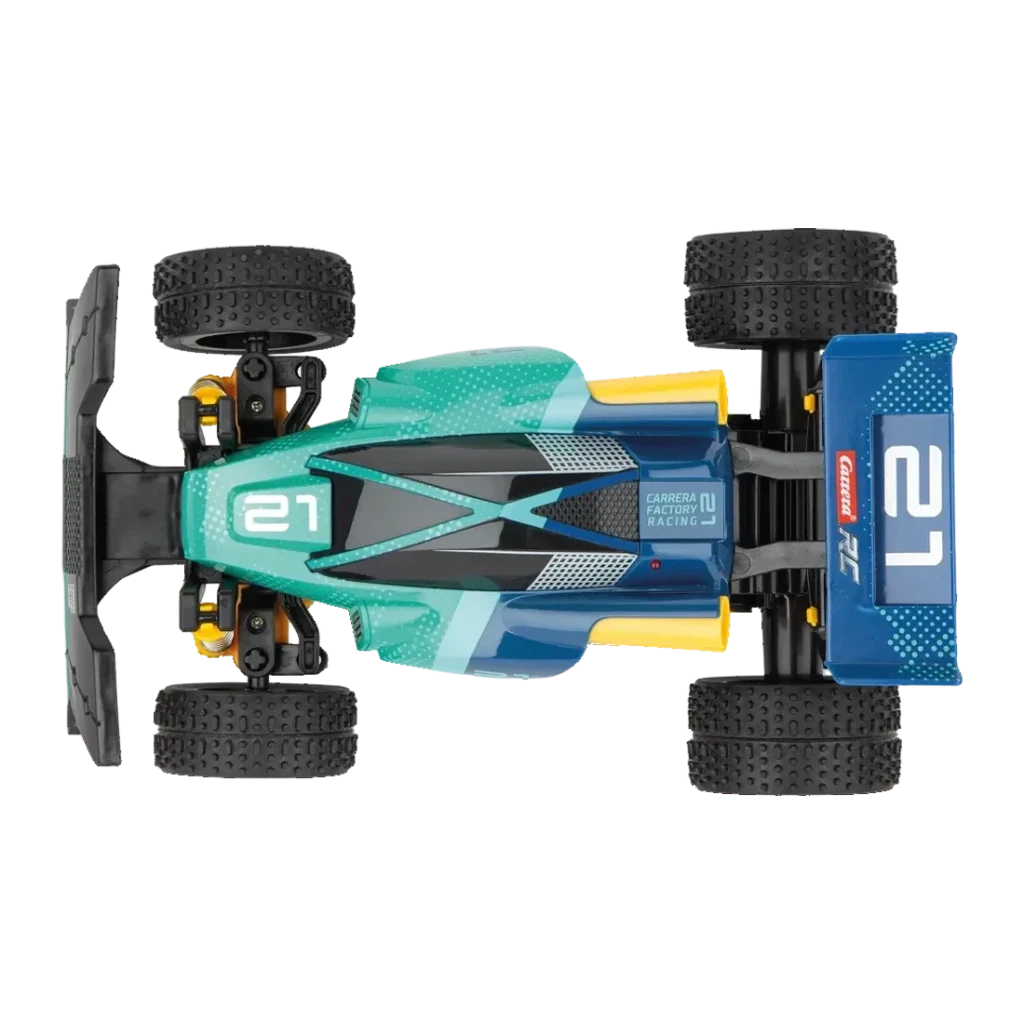 Buggy RC Carrera Factory Racing 2.4 GHz 1:20 12km/h 20min, vue de dessus: carrosserie verte et bleue numéro 21, aileron