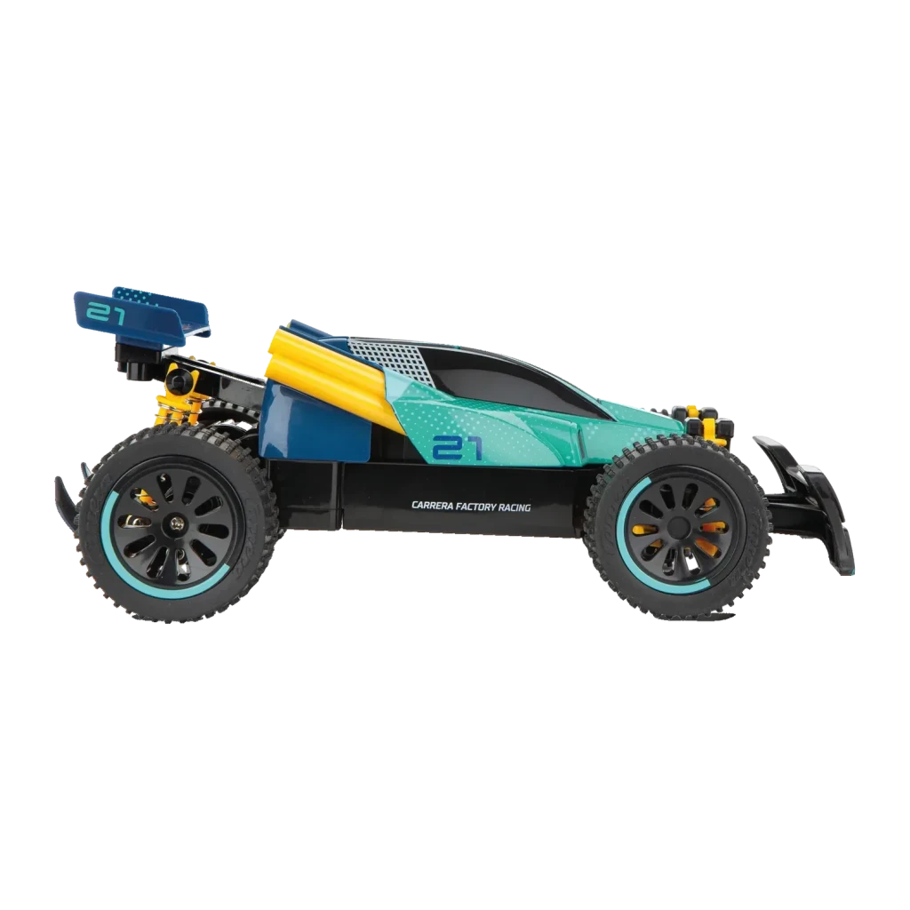 Buggy RC Carrera Factory Racing 2.4 GHz 1:20 12km/h 20min, vue latérale: carrosserie bleu turquoise et jaune, numéro 21