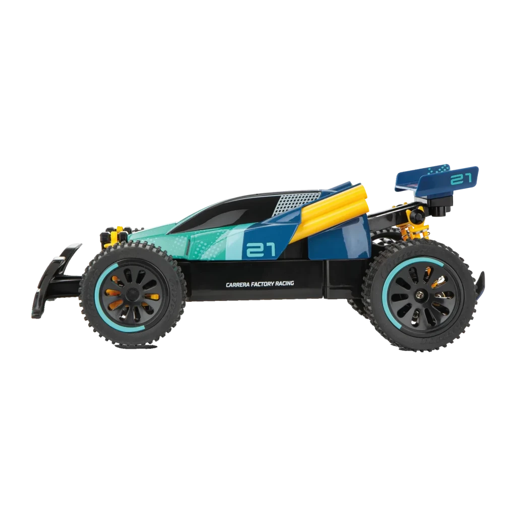Buggy RC Carrera Factory Racing 2.4 GHz 1:20 12km/h 20min, vue latérale: carrosserie bleu-turquoise avec numéro 21, aileron