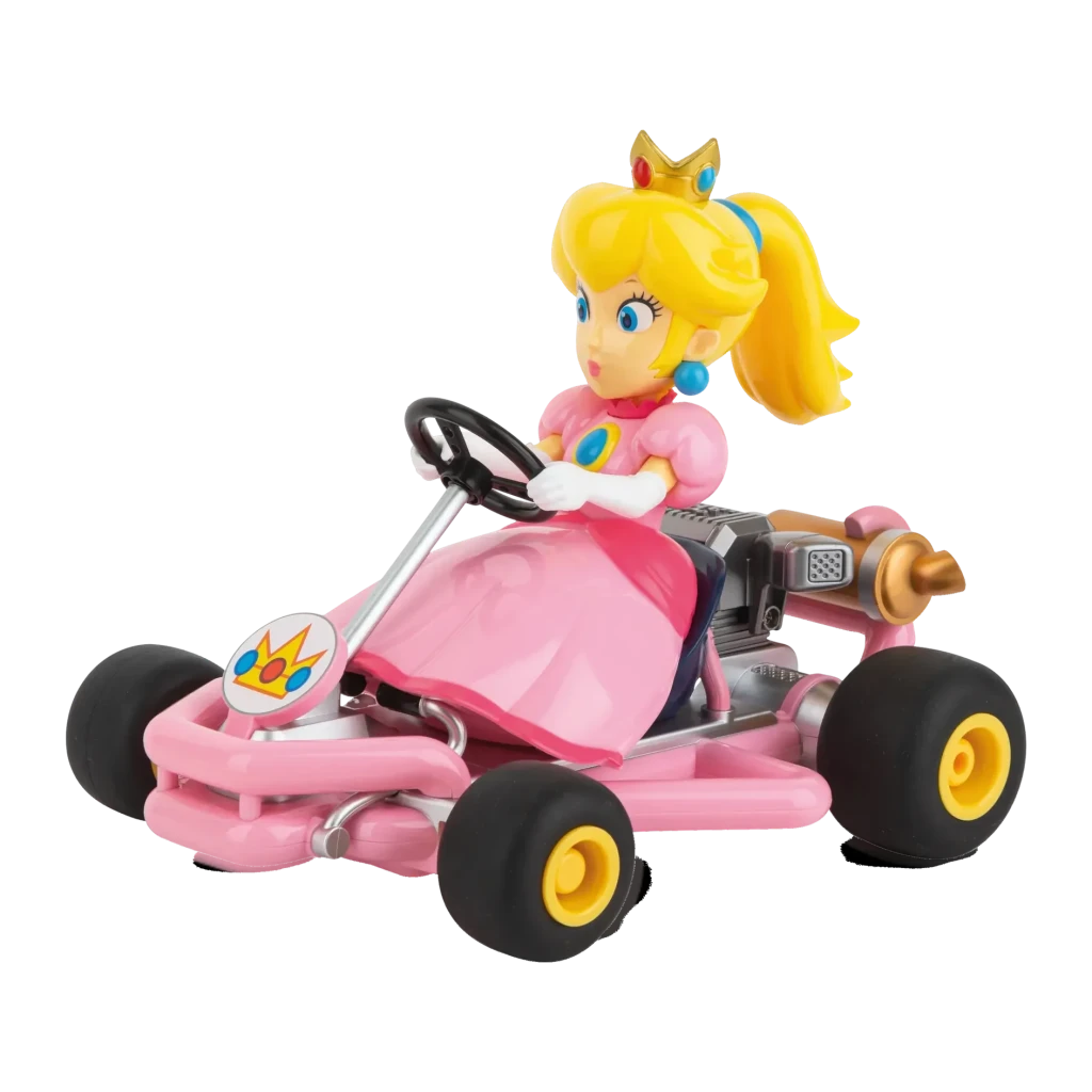 Coche RC Carrera Mario Kart Pipe Kart Princess Peach 1:18 Rosa 9km/h 30min, vista lateral: figura Peach con corona