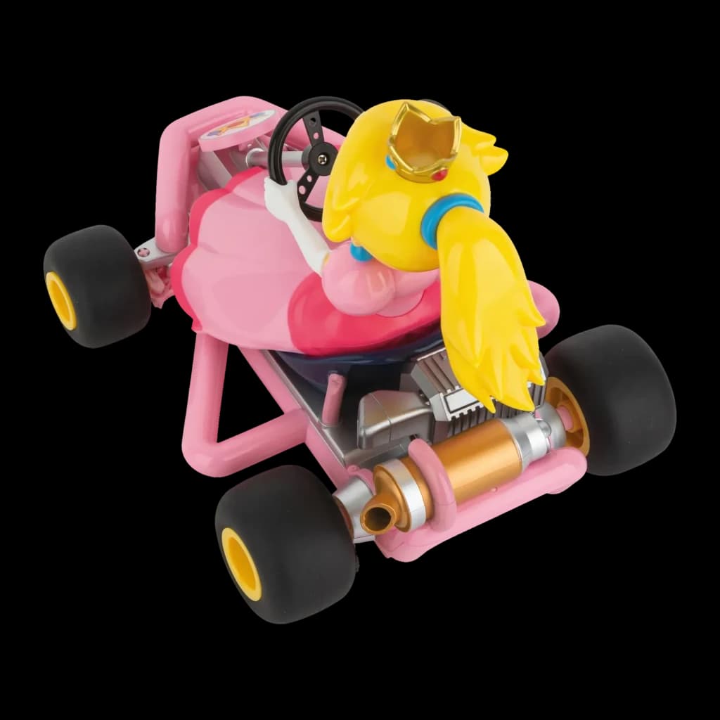 Coche RC Carrera Mario Kart Pipe Kart Princess Peach 1:18 Rosa 9km/h 30min, vista trasera-superior: figura Peach con corona