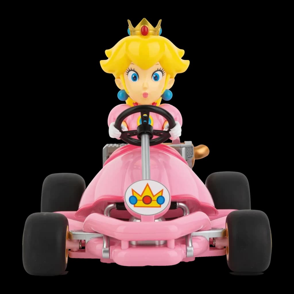 Coche RC Carrera Mario Kart Pipe Kart Princess Peach 1:18 Rosa 9km/h 30min, vista frontal: figura Peach con corona