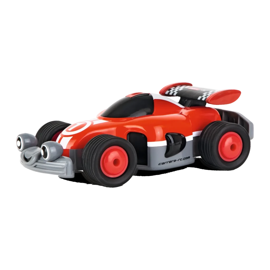 Voiture Carrera First RC Racer 2.4GHz 1:18 Rouge 5km/h 20min, vue latérale: carrosserie rouge avec aileron à damier et roues