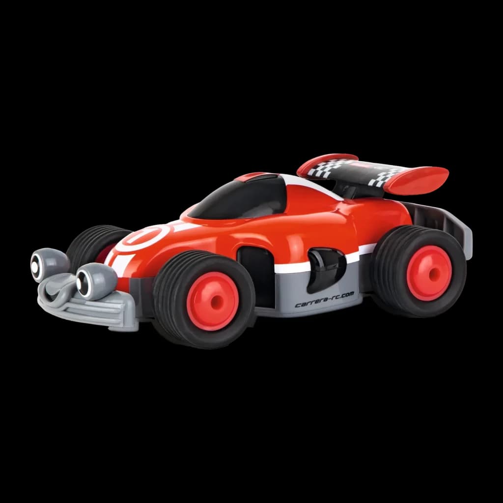Voiture Carrera First RC Racer 2.4GHz 1:18 Rouge 5km/h 20min, vue latérale: carrosserie rouge avec aileron à damier et roues