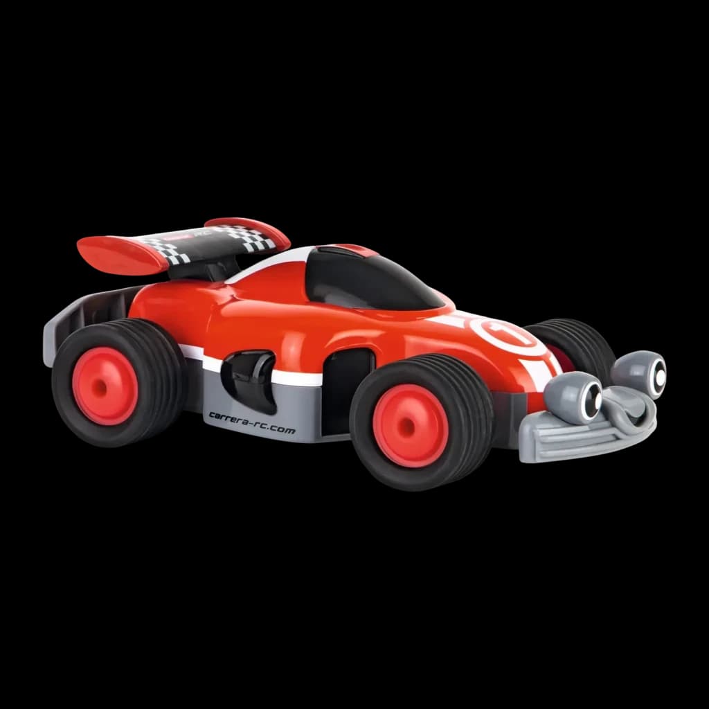 Voiture Carrera First RC Racer 2.4GHz 1:18 Rouge 5km/h 20min, vue latérale: aileron à damier, roues noires et rouges, tuyaux