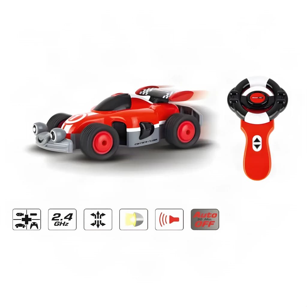 Voiture Carrera First RC Racer 2.4GHz 1:18 Rouge 5km/h 20min, vue latérale avec télécommande rouge et icônes