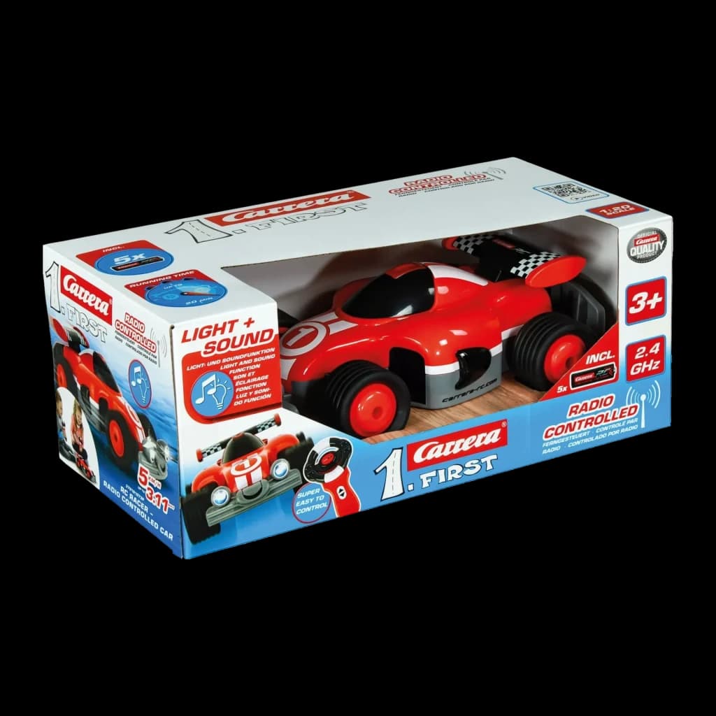 Voiture Carrera First RC Racer 2.4GHz 1:18 Rouge 5km/h 20min, boîte: packaging avant avec fenêtre transparente révélant