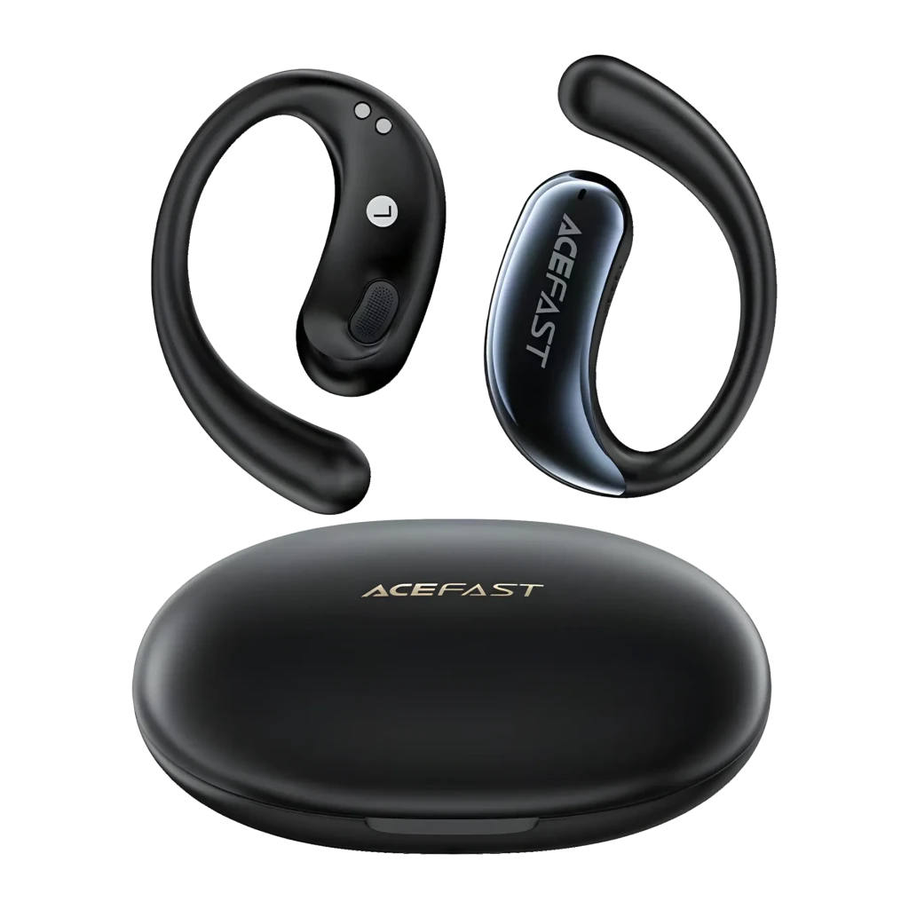 Écouteurs Acefast Acefit SE FA005 Open-Ear Bluetooth 5.4, vue de face: deux écouteurs noirs à crochet et étui ovale noir