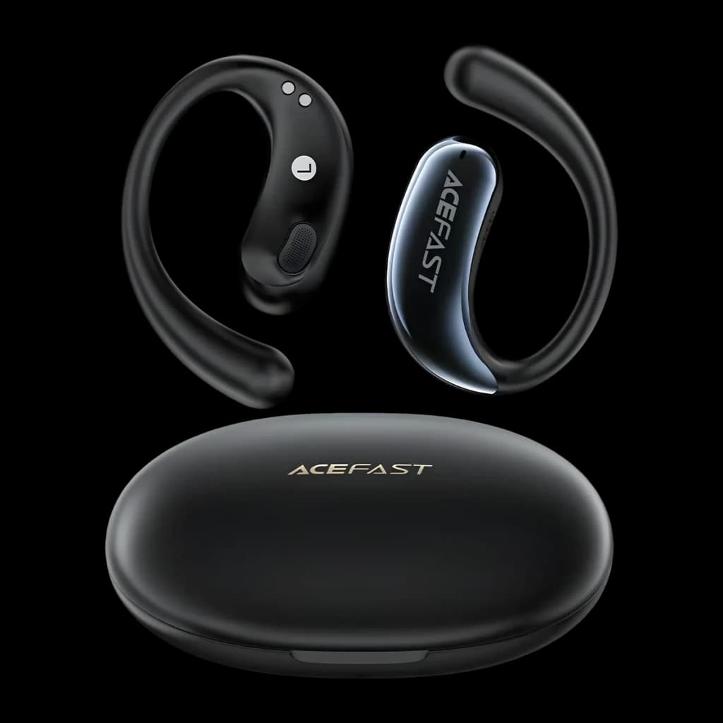Écouteurs Acefast Acefit SE FA005 Open-Ear Bluetooth 5.4, vue de face: deux écouteurs noirs à crochet et étui ovale noir
