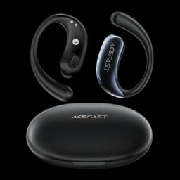 Écouteurs Acefast Acefit SE FA005 Open-Ear Bluetooth 5.4, vue de face: deux écouteurs noirs à crochet et étui ovale noir