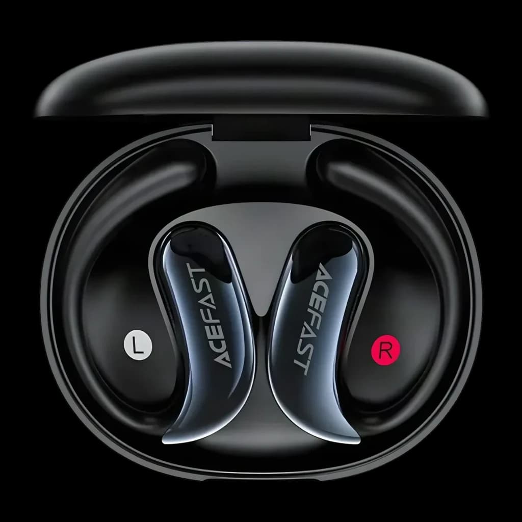 Écouteurs Acefast Acefit SE FA005 Open-Ear Bluetooth 5.4, détail: écouteurs L et R dans boîtier noir ouvert, logo Acefast