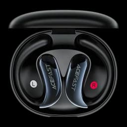 Écouteurs Acefast Acefit SE FA005 Open-Ear Bluetooth 5.4, détail: écouteurs L et R dans boîtier noir ouvert, logo Acefast
