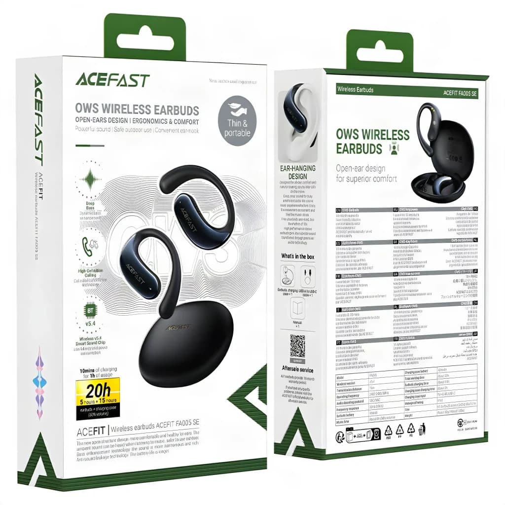 Écouteurs Acefast Acefit SE FA005 Open-Ear Bluetooth 5.4, contenu de la boîte: packaging noir recto verso avec écouteurs