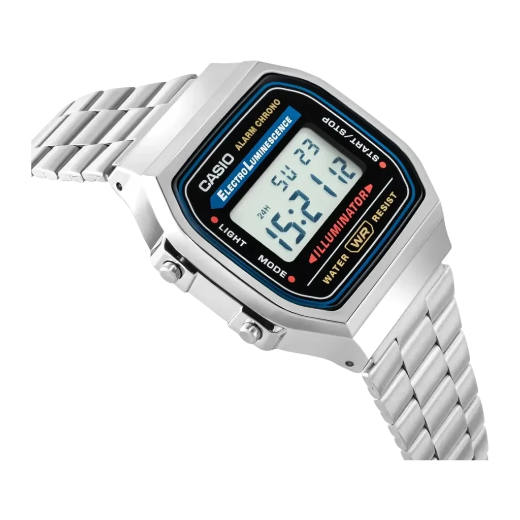 Casio A168WA-1WDF Cronógrafo, Alarme, Calendário Bateria 7 Anos 3ATM, detalhe: mostrador digital com ecrã LCD, inscrição